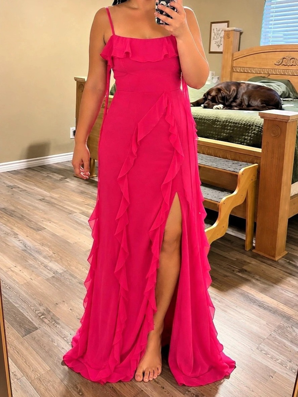 Barbie x Azazie Hot Pink Chiffon Ruffle Maxi Dress Size 6 NWT
